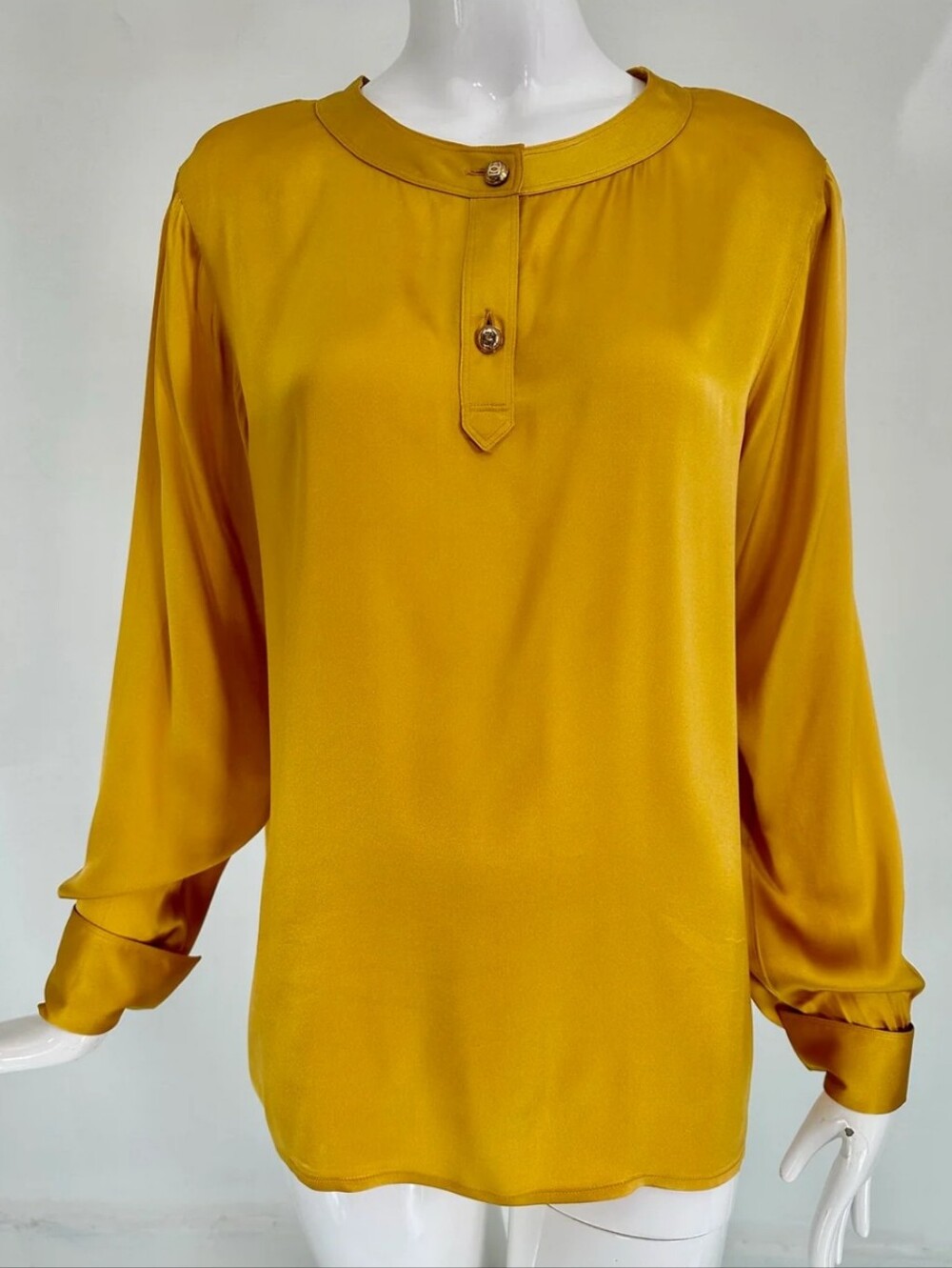 Chanel Gold Silk Satin Flat Band Collar Long Sleeve Blouse